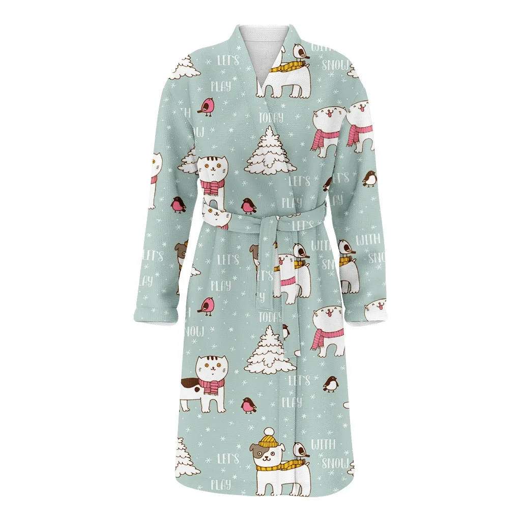 Winter Let's Play With Snow Cute Cat And Dog Christmas Family Matching Kimono Bathrobe Satin Fleece Robe