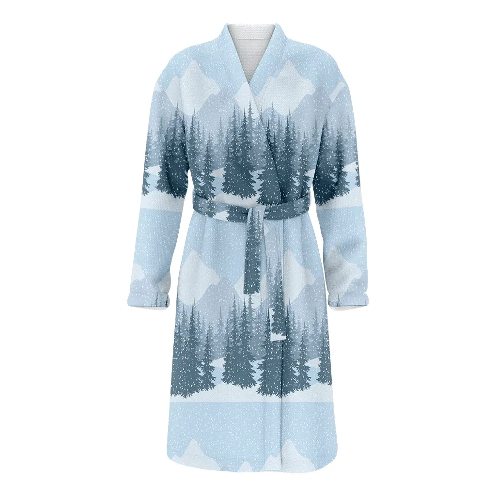Winter Mountain Landscape With Fir Trees And Snow Christmas Family Matching Kimono Bathrobe Satin Fleece Robe