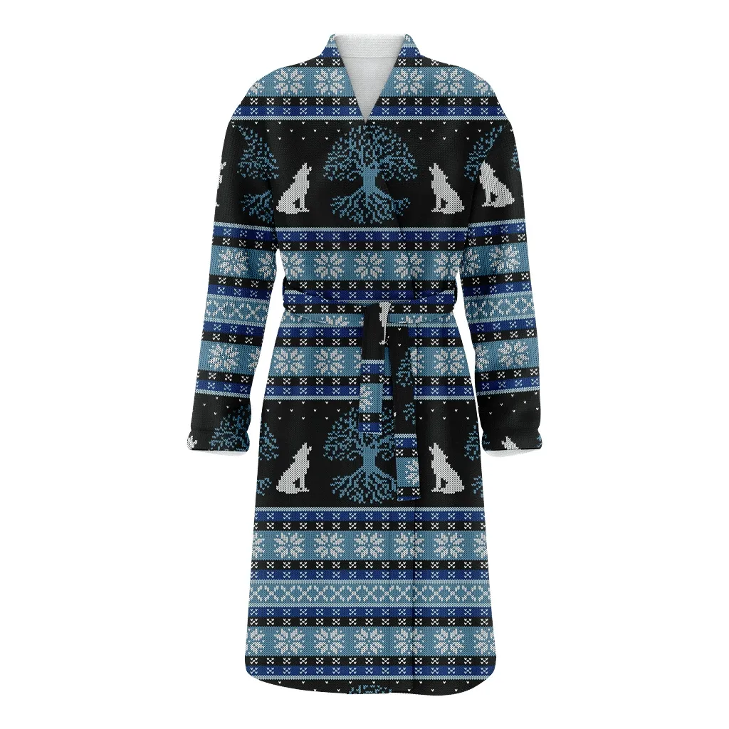 Winter Night Tree Of Life And Howling Wolves Christmas Family Matching Kimono Bathrobe Satin Fleece Robe