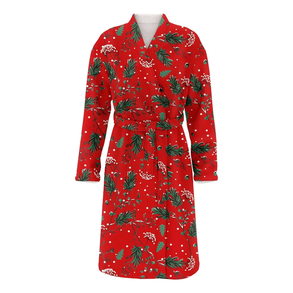 Winter Snow In The Flower Garden Red Berries Pattern Christmas Family Matching Kimono Bathrobe Satin Fleece Robe