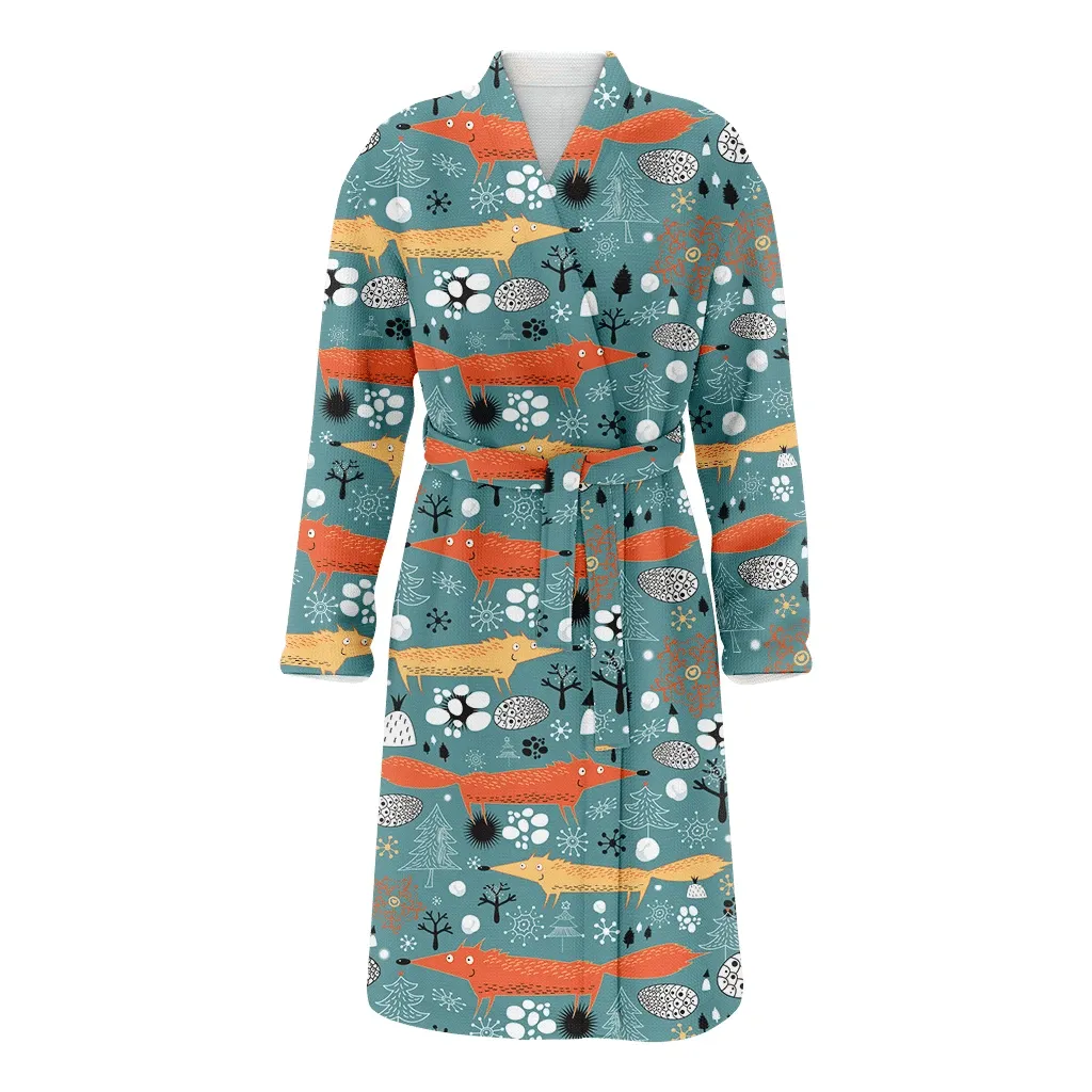 Winter Texture With Cute Long Foxes Christmas Family Matching Kimono Bathrobe Satin Fleece Robe