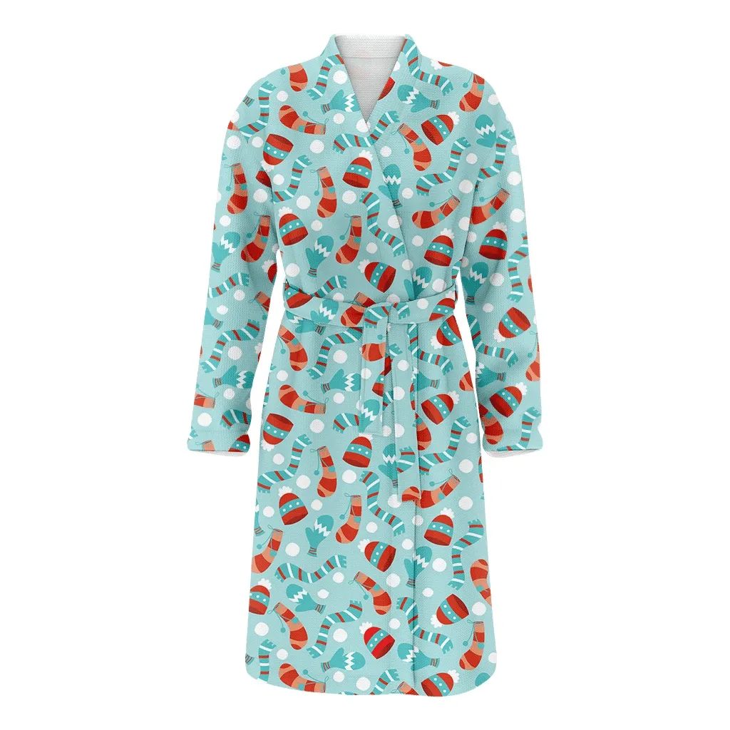 Winter Woolens Pattern Christmas Gift Scarf And Snow Pattern Family Matching Kimono Bathrobe Satin Fleece Robe