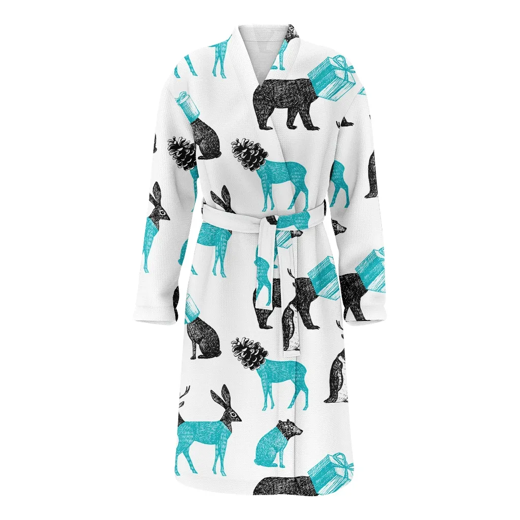 Winter Xmas Blue And Black Animals Gift Boxes Sketching Style Christmas Gift Family Matching Kimono Bathrobe Satin Fleece Robe