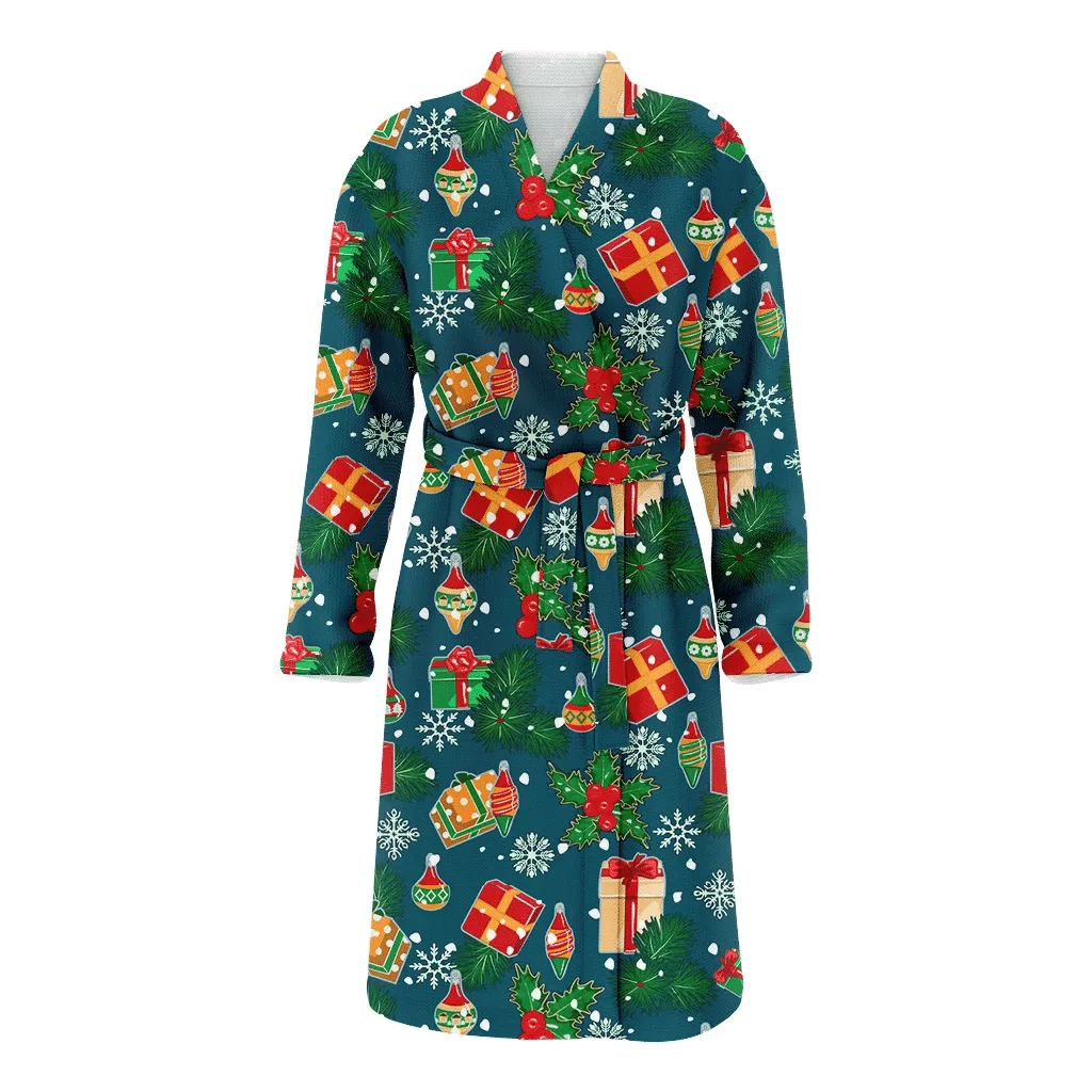 Wrapping Gift Boxes For Christmas Festive With Snowflakes And Berries Family Matching Kimono Bathrobe Satin Fleece Robe