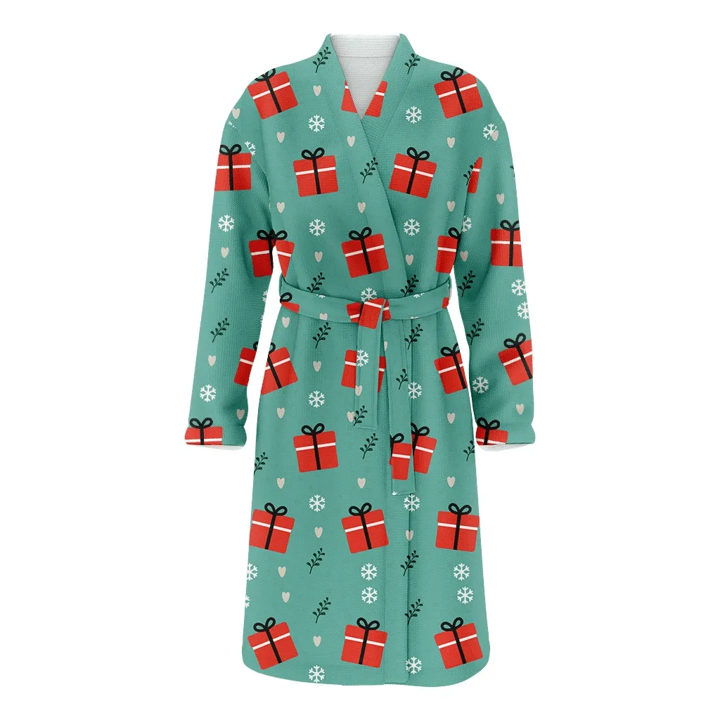 Wrapping Gift Boxes In Red Colored With Snowflakes Christmas Gift Family Matching Kimono Bathrobe Satin Fleece Robe