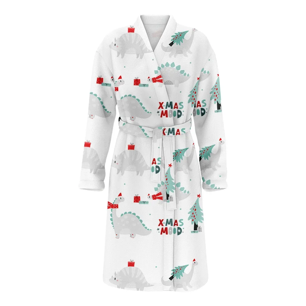 X Mas Mood Of Lovely Dinosaurs Christmas Family Matching Kimono Bathrobe Satin Fleece Robe