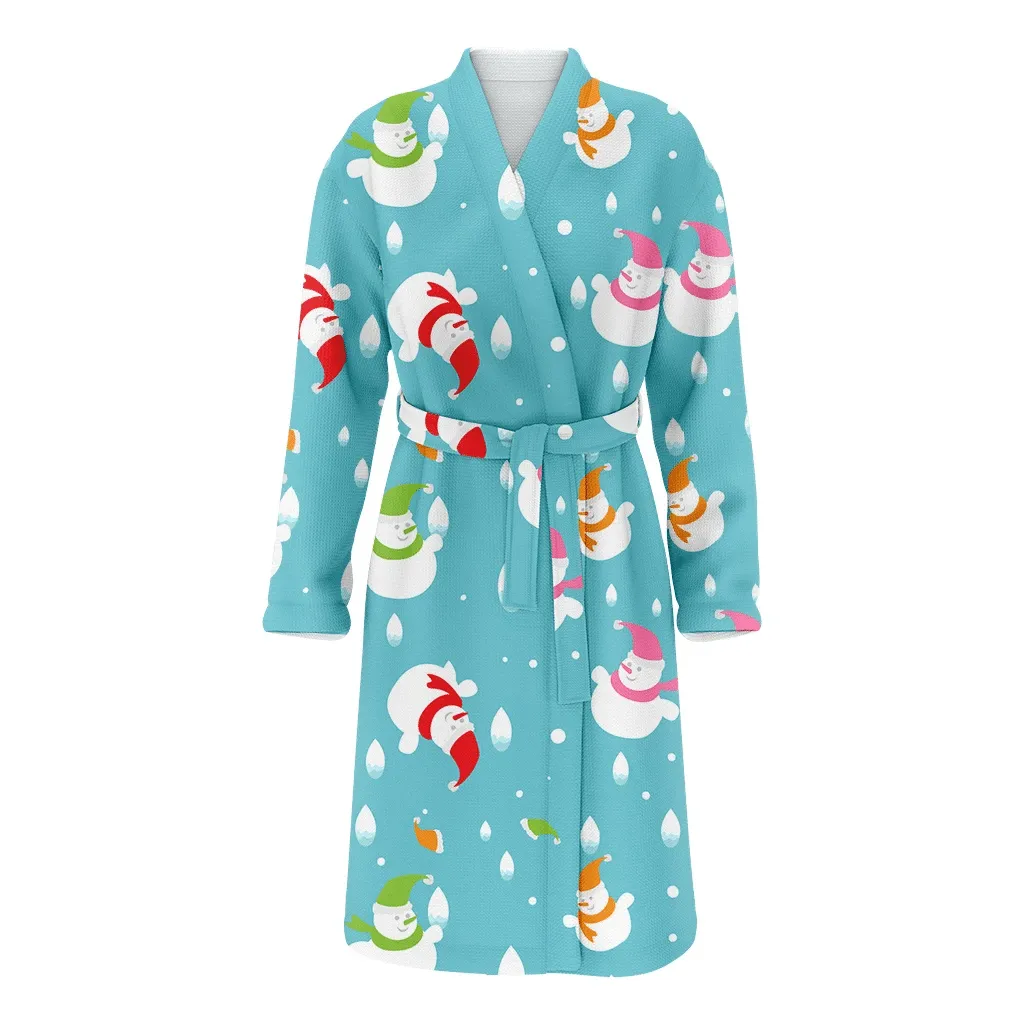 Xmas Happy Snowman In Santa Hat And Scarf Christmas Gift Family Matching Kimono Bathrobe Satin Fleece Robe