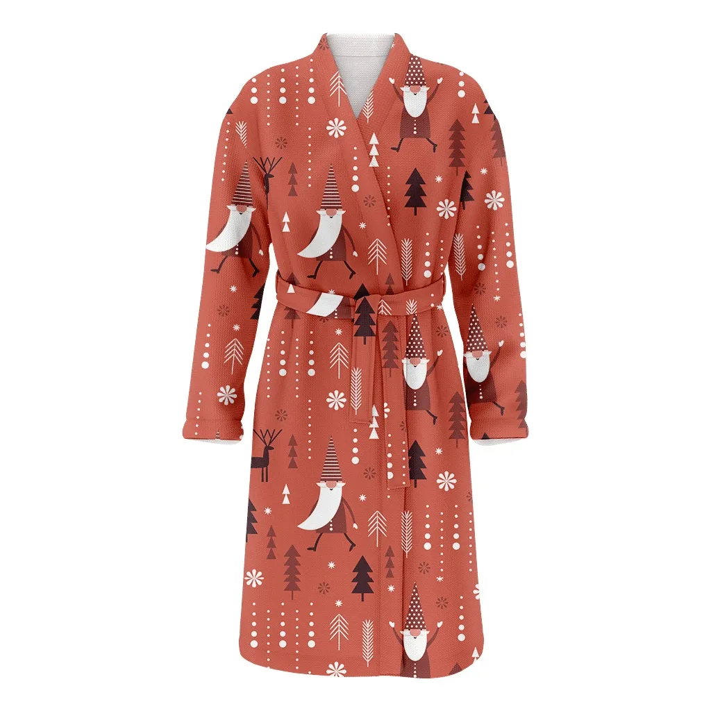 Xmas Idea Geometry Icons With Red Gnomes Cartoon Christmas Family Matching Kimono Bathrobe Satin Fleece Robe