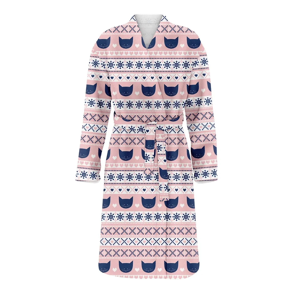 Xmas Ornamental Pattern With Black Cat Faces And Snowflakes Christmas Family Matching Kimono Bathrobe Satin Fleece Robe