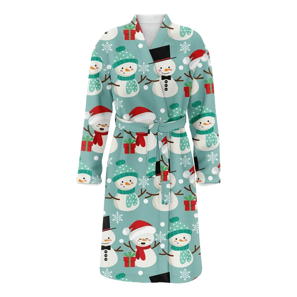 Xmas Snowman In Hat And Scarf Or Bow Tie Near Gift Christmas Gift Family Matching Kimono Bathrobe Satin Fleece Robe