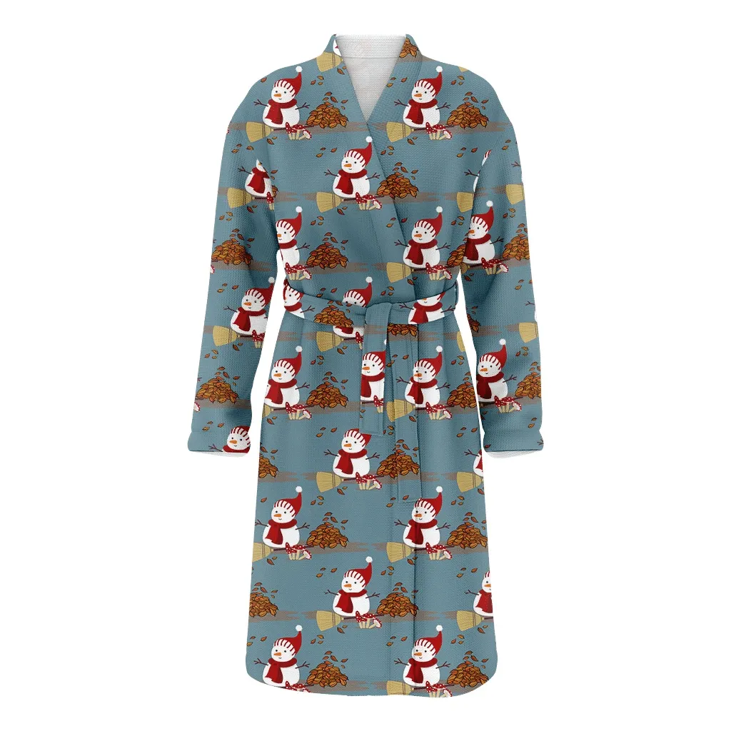 Xmas Snowman In Red Hat And Scarf Near Broom Christmas Gift Family Matching Kimono Bathrobe Satin Fleece Robe