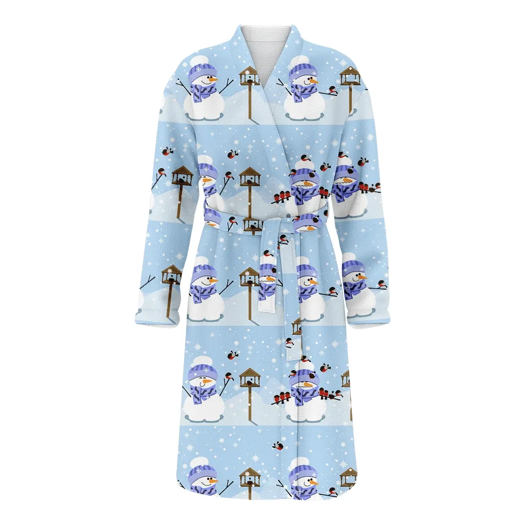 Xmas With Happy Snowman In Blue Hat And Scarf Christmas Gift Family Matching Kimono Bathrobe Satin Fleece Robe