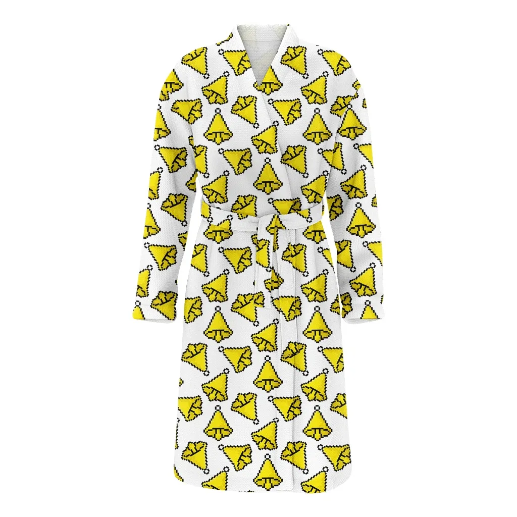 Yellow Pixel Bells Isolated On White Background Christmas Family Matching Kimono Bathrobe Satin Fleece Robe