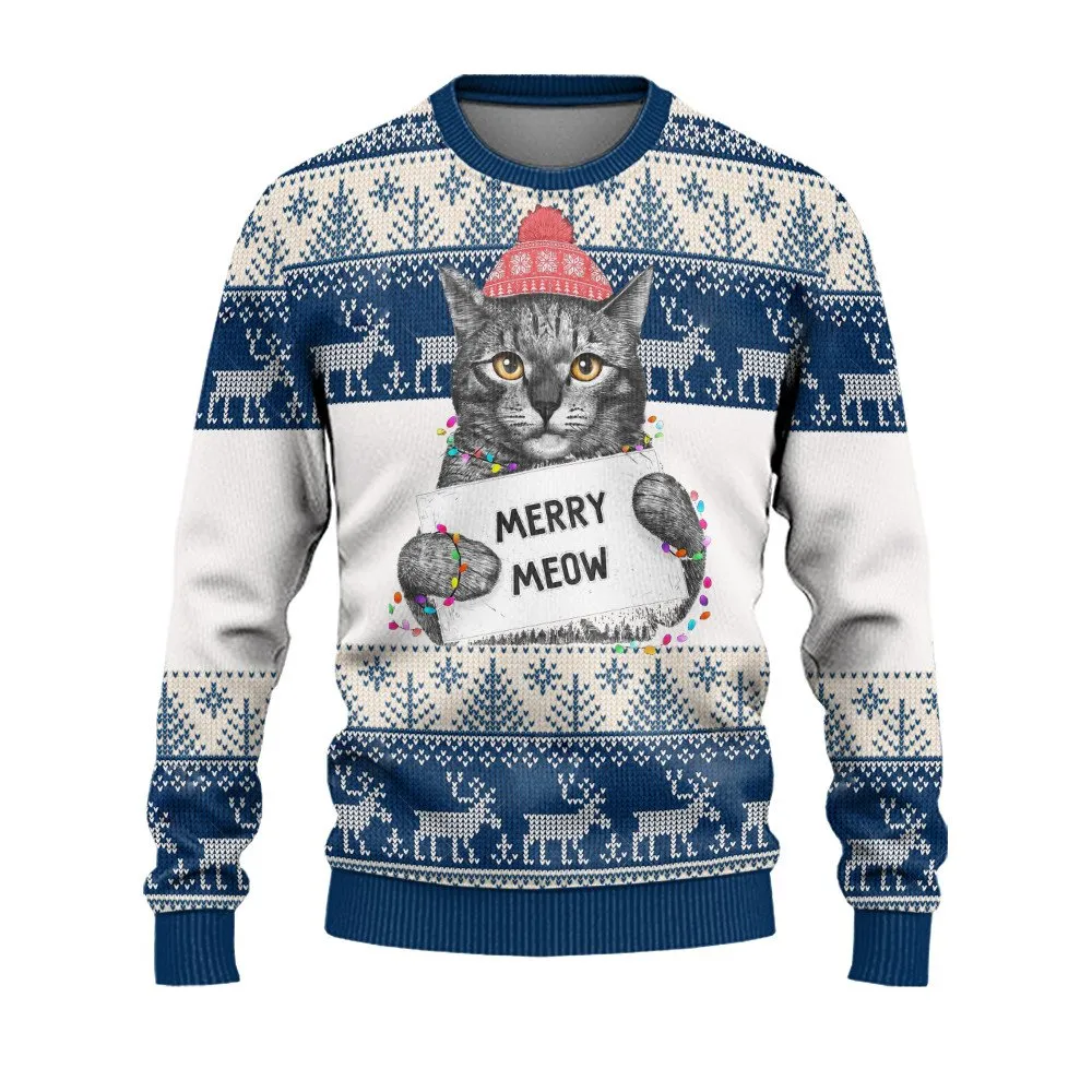 Christmas Ugly Sweater Cat Merry Meow Christmas Ugly Sweaters, Merry Christmas Ugly Sweaters - Xmas Gift