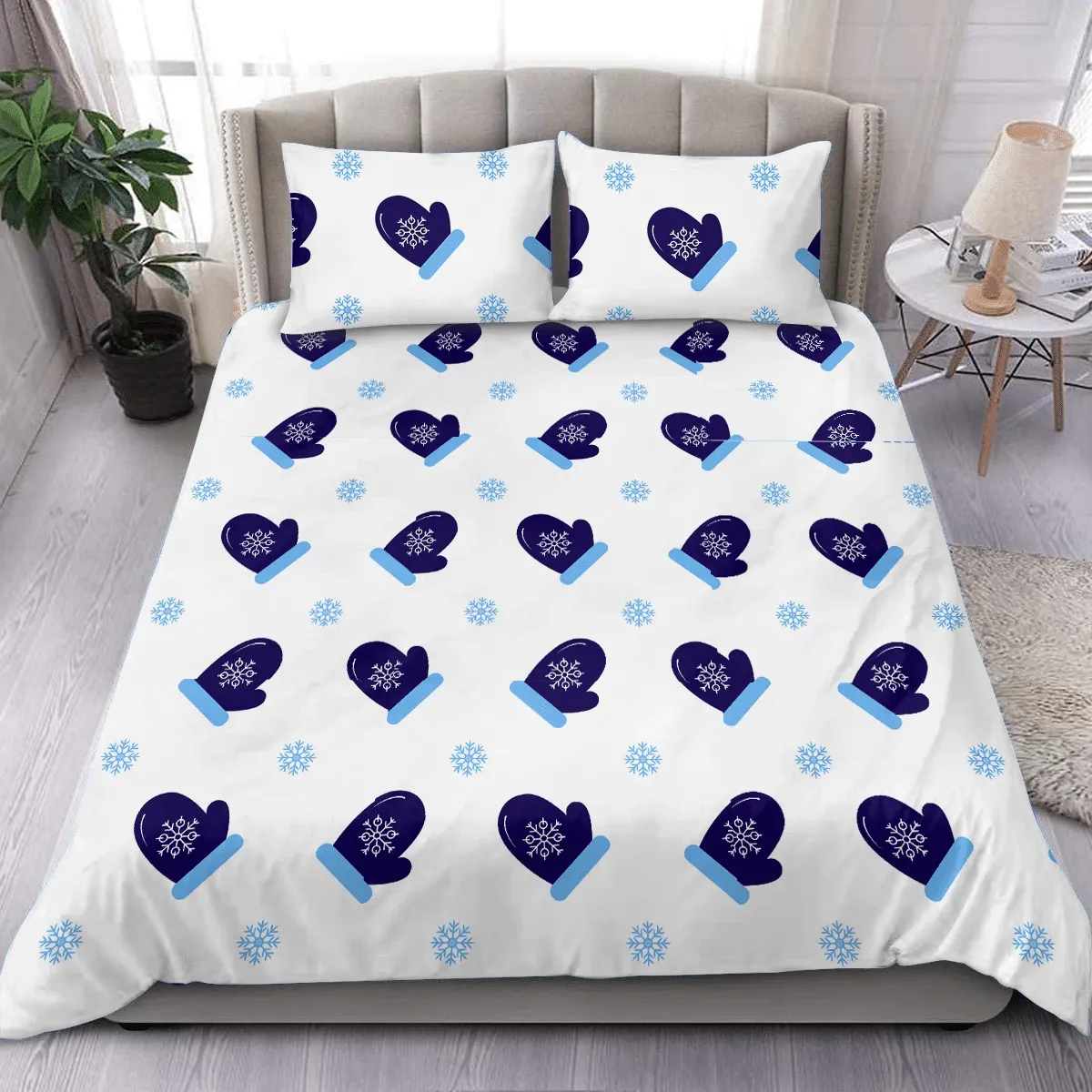 Abstract Dark Blue Mittens Glove With Snowflakes Ornate Christmas Duvet Cover Bedding Set Bedroom Decor