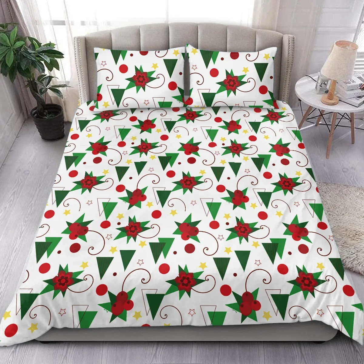 Abstract Geometric Flowers And Berries Christmas Duvet Cover Bedding Set Bedroom Decor