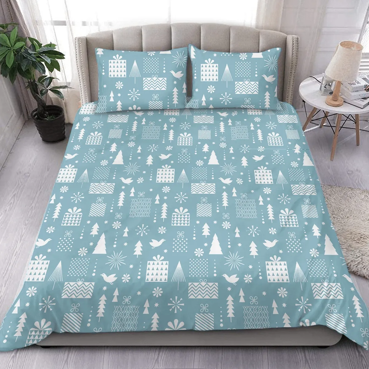 Abstract Geometric Gifts Box Trees Birds In Blue And White Christmas Duvet Cover Bedding Set Bedroom Decor
