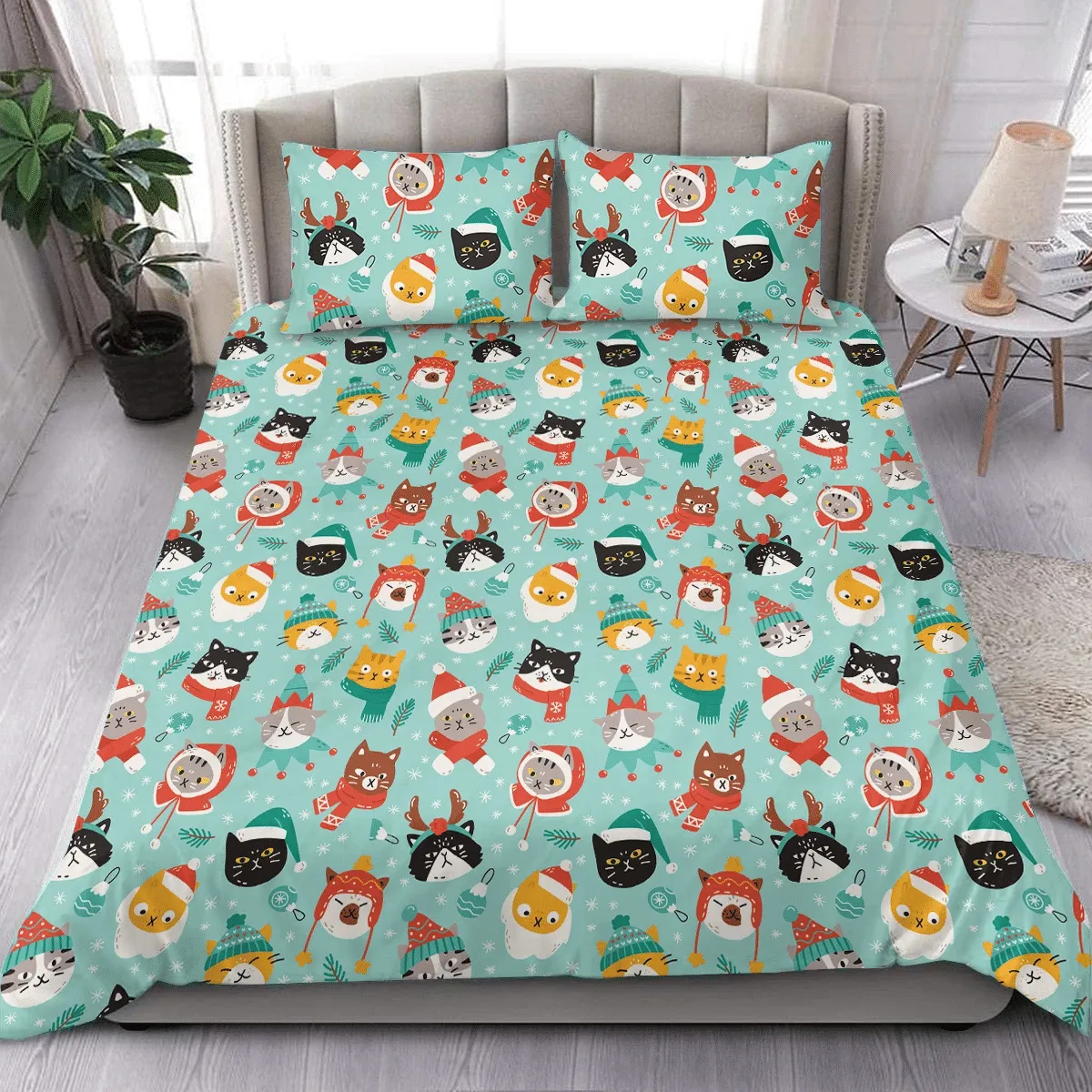 Adorable Cats Wearing Colorful Christmas Outfits Duvet Cover Bedding Set Bedroom Decor