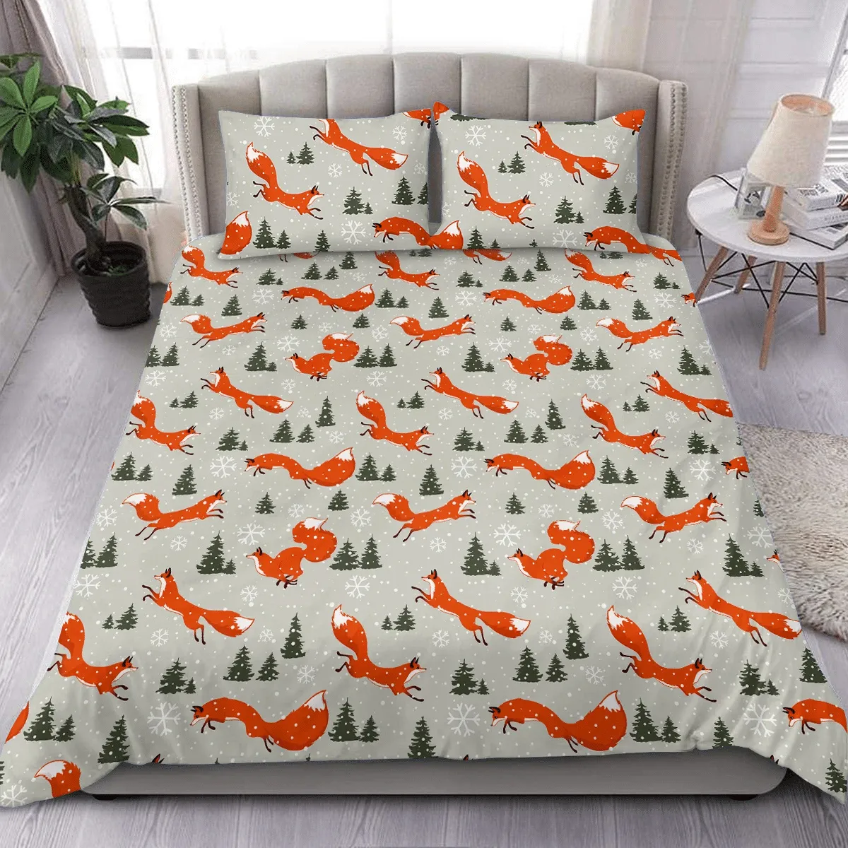 Amazing Winter Holiday Gorgeous Foxes Trees And Snowflakes Christmas Duvet Cover Bedding Set Bedroom Decor