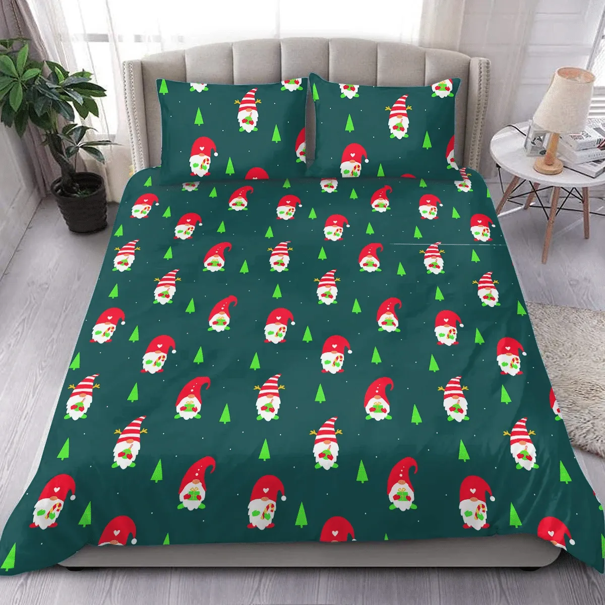 Baby Gnomes Hold Candies Mini Xmas Trees Pattern Christmas Duvet Cover Bedding Set Bedroom Decor