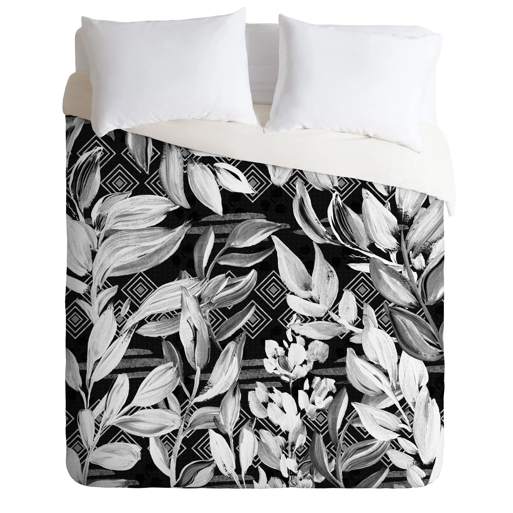 Black And White Plants With Geometric Duvet Cover Bedding Set Bedroom Decor