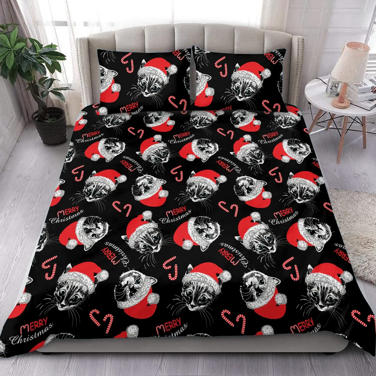 Black Cat Kitten Faces With Santa Hat Christmas Duvet Cover Bedding Set Bedroom Decor