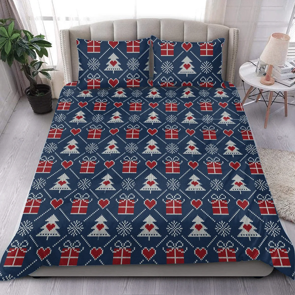Blue And Red Chrirstmas Trees Hearts Gifts Christmas Duvet Cover Bedding Set Bedroom Decor