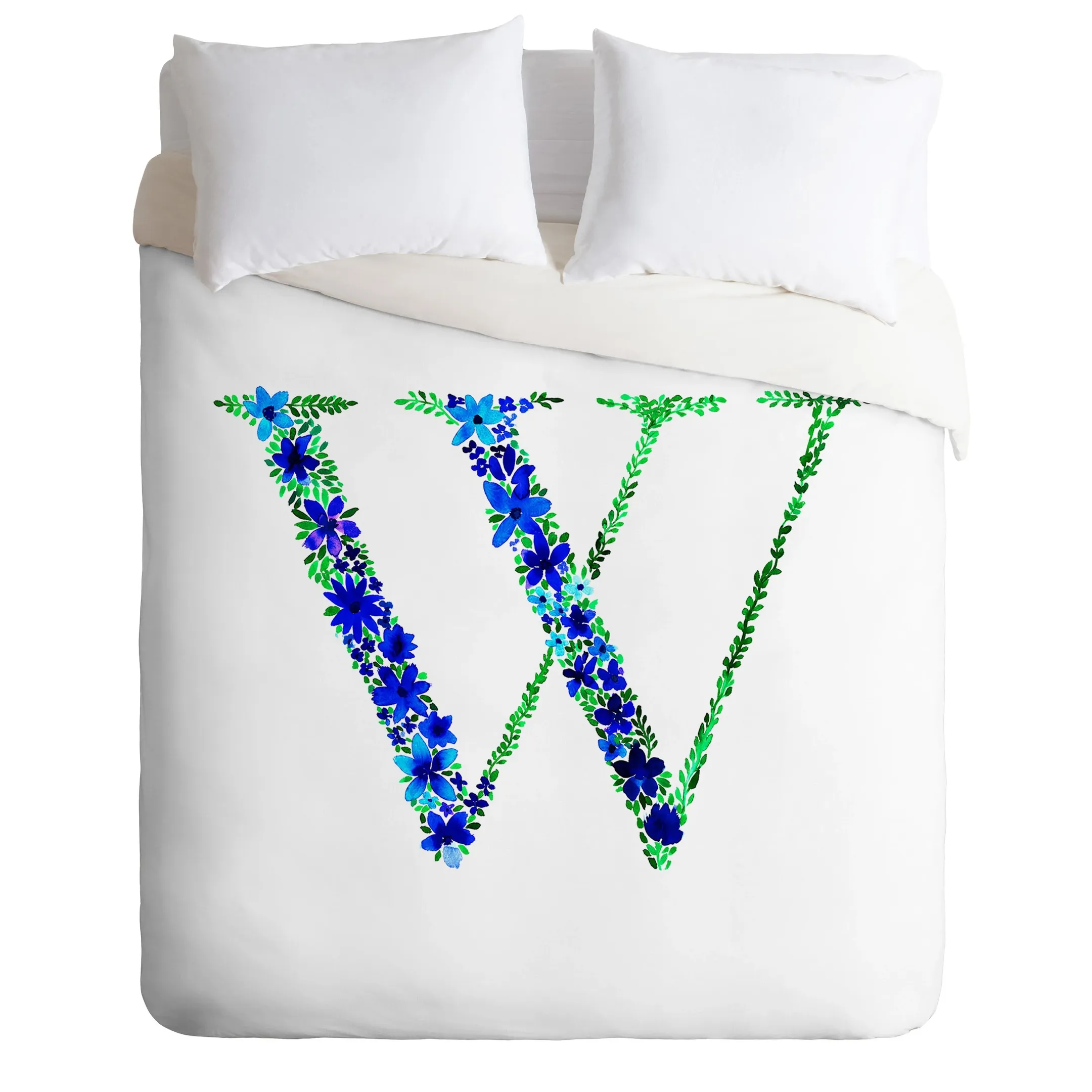 Blue Floral Monogram Letter W Duvet Cover Bedding Set Bedroom Decor