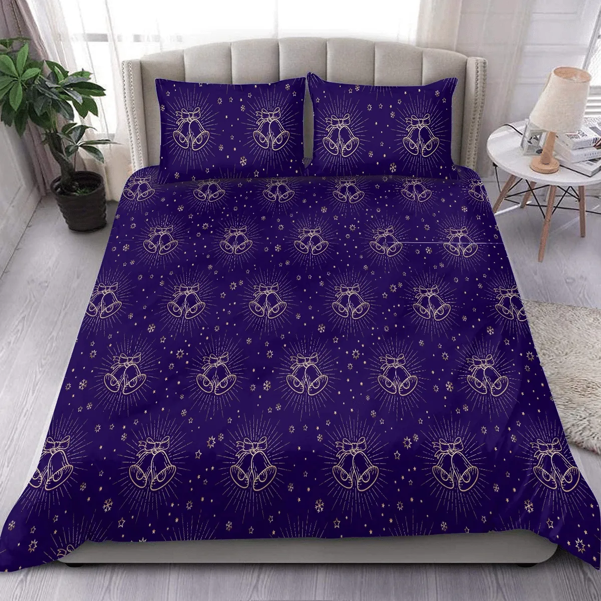 Bright Gold Jingle Bells And Snowflakes On Dark Blue Background Christmas Duvet Cover Bedding Set Bedroom Decor
