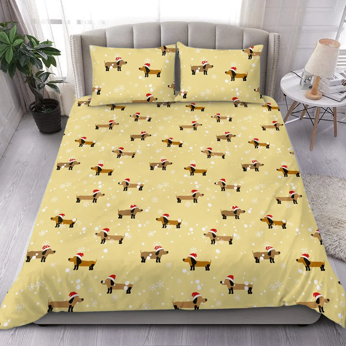 Brown Black Dachshund Snowflakes And Santa Hat Christmas Duvet Cover Bedding Set Bedroom Decor