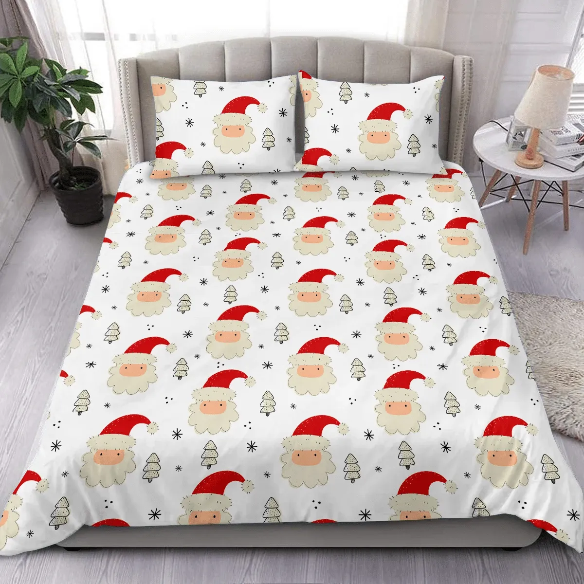 Cartoon Santa Claus Head And Little Christmas Tree Duvet Cover Bedding Set Bedroom Decor