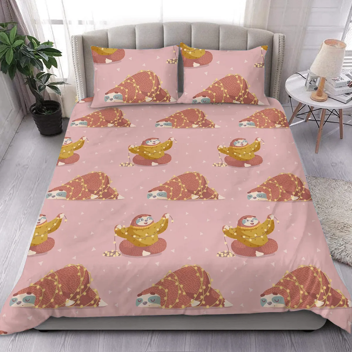 Cartoon Sloth In Christmas Sweater With Decorative Lights Duvet Cover Bedding Set Bedroom Decor