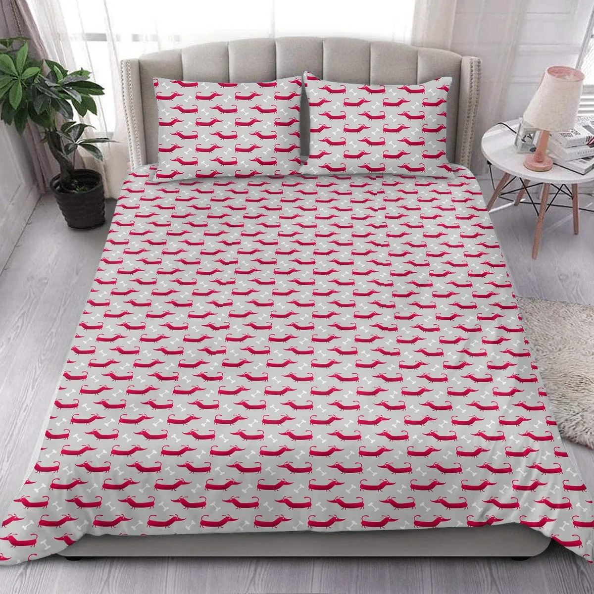Christmas And New Year's With Red Dachshund And Bone Duvet Cover Bedding Set Bedroom Decor