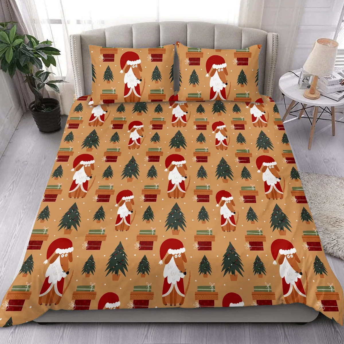 Christmas Background Dachshunds With Santa Claus Duvet Cover Bedding Set Bedroom Decor