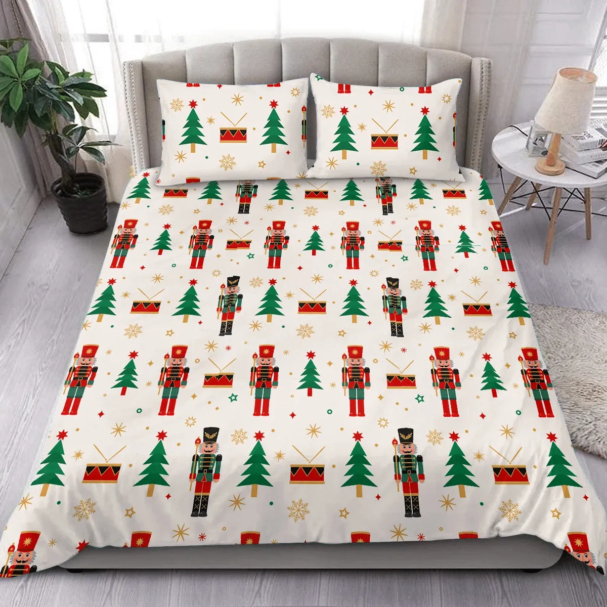 Christmas Background With Nutcracker Christmas Tree Drum And Snowflakes Duvet Cover Bedding Set Bedroom Decor