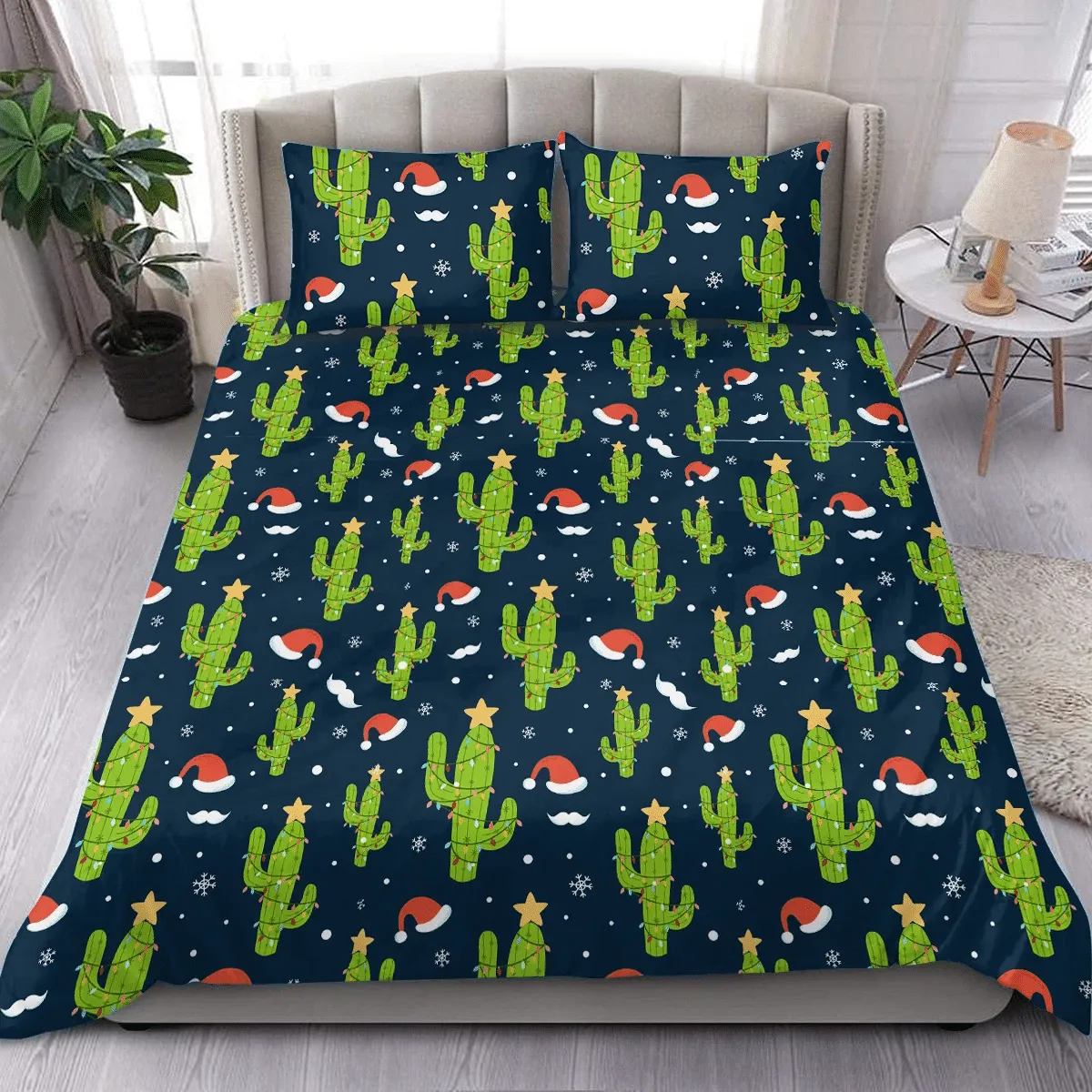 Christmas Cactus Light Santa Hat Mustache Snowflakes Duvet Cover Bedding Set Bedroom Decor