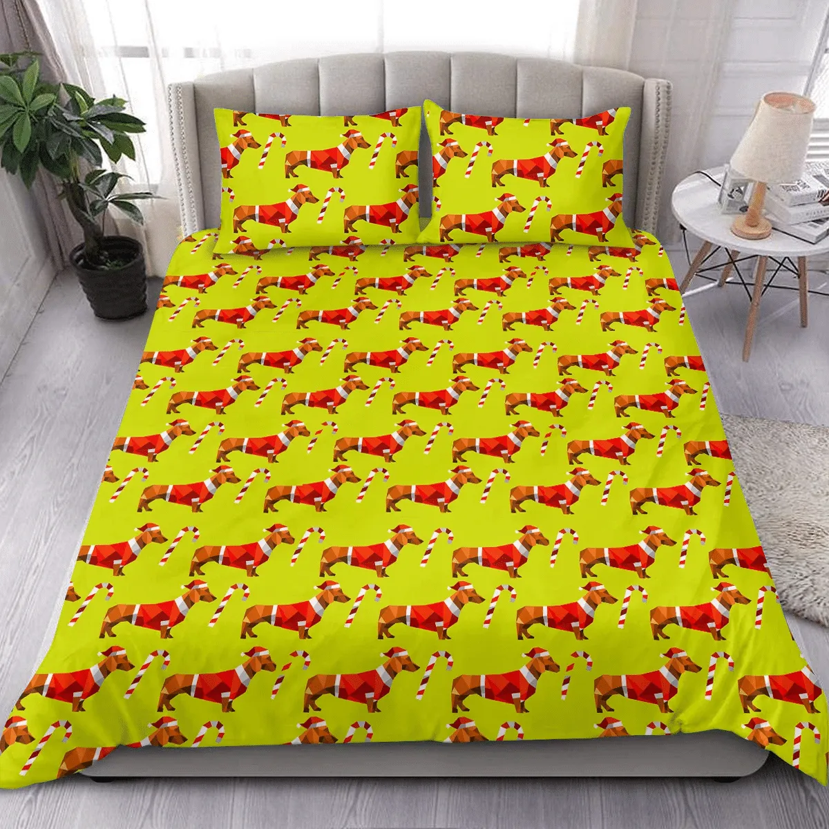 Christmas Candy And Dachshund Dog Background Duvet Cover Bedding Set Bedroom Decor