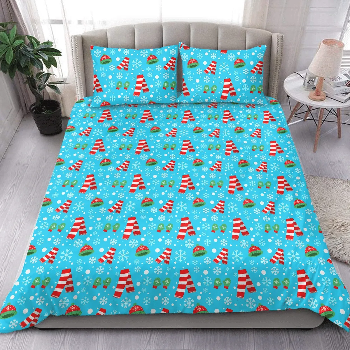 Christmas Cap Mitten Scarf And Snowflake Duvet Cover Bedding Set Bedroom Decor