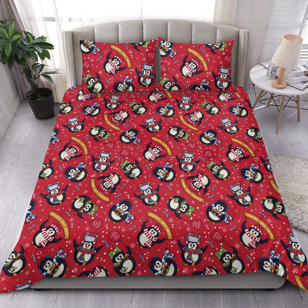Christmas Cartoon Penguins Candy Canes And Snowflakes Duvet Cover Bedding Set Bedroom Decor