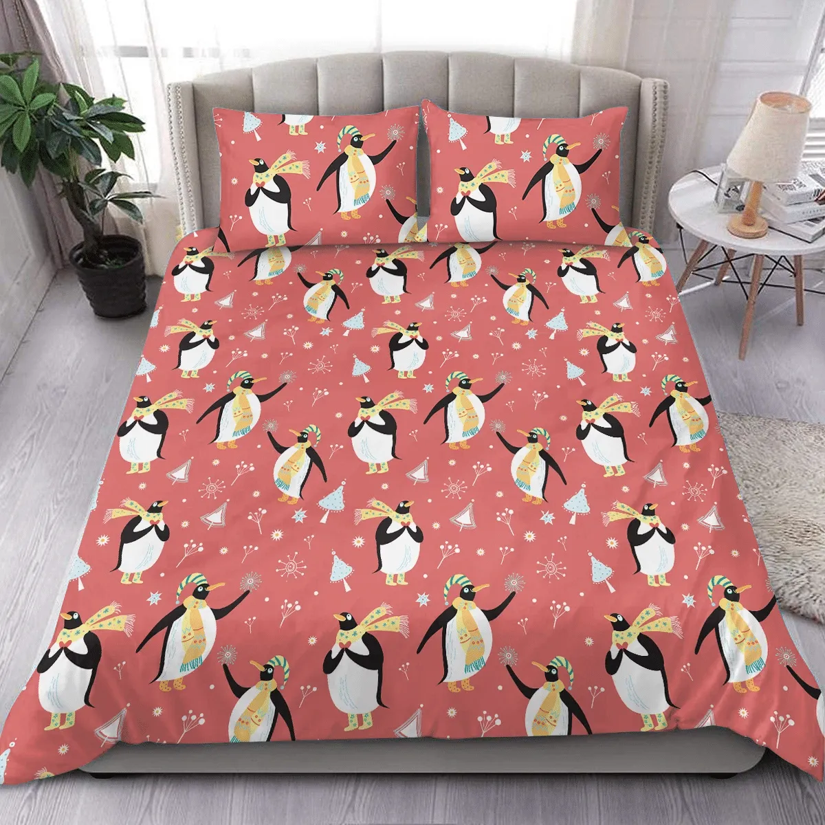 Christmas Cartoon Penguins On Red Duvet Cover Bedding Set Bedroom Decor