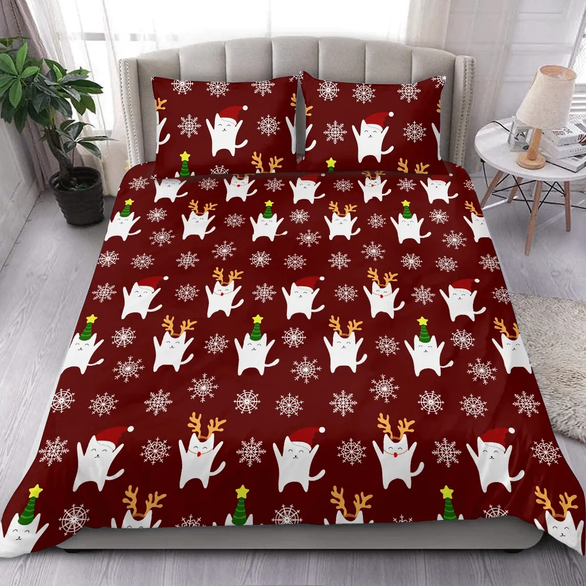 Christmas Cat Red Background With Snowflakes Duvet Cover Bedding Set Bedroom Decor