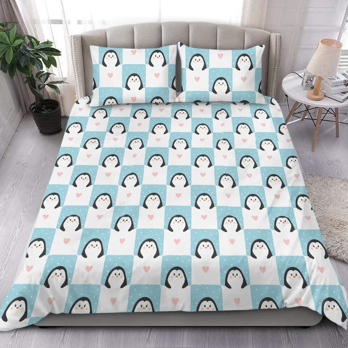 Christmas Checked With Cute Cartoon Penguins And Snow Duvet Cover Bedding Set Bedroom Decor