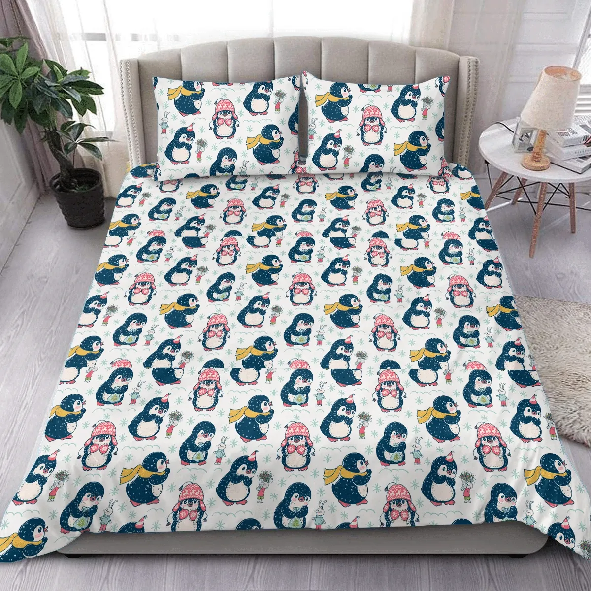 Christmas Cute Penguins And Bunnies Hand Drawn Duvet Cover Bedding Set Bedroom Decor