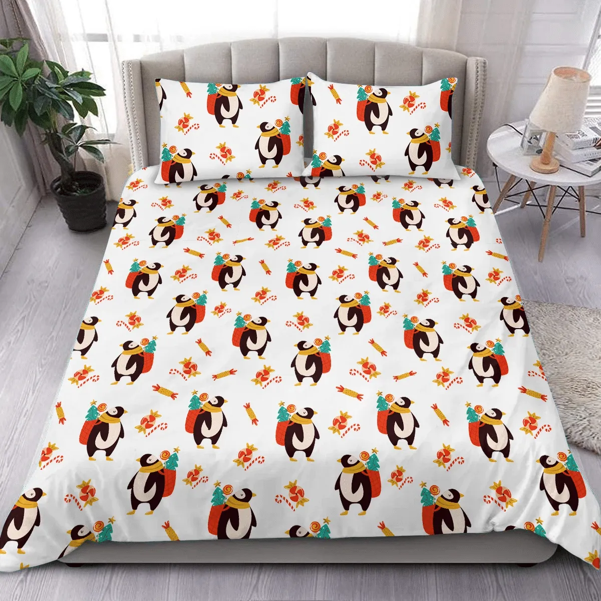 Christmas Cute Penguins With Falling Candy Duvet Cover Bedding Set Bedroom Decor