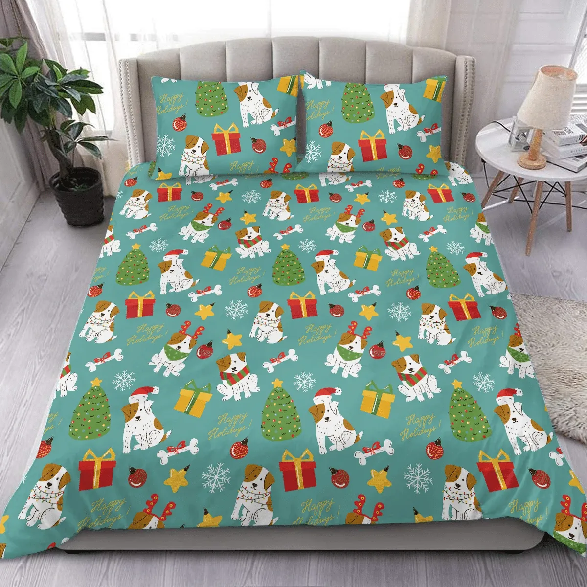 Christmas Cute White Dogs Duvet Cover Bedding Set Bedroom Decor