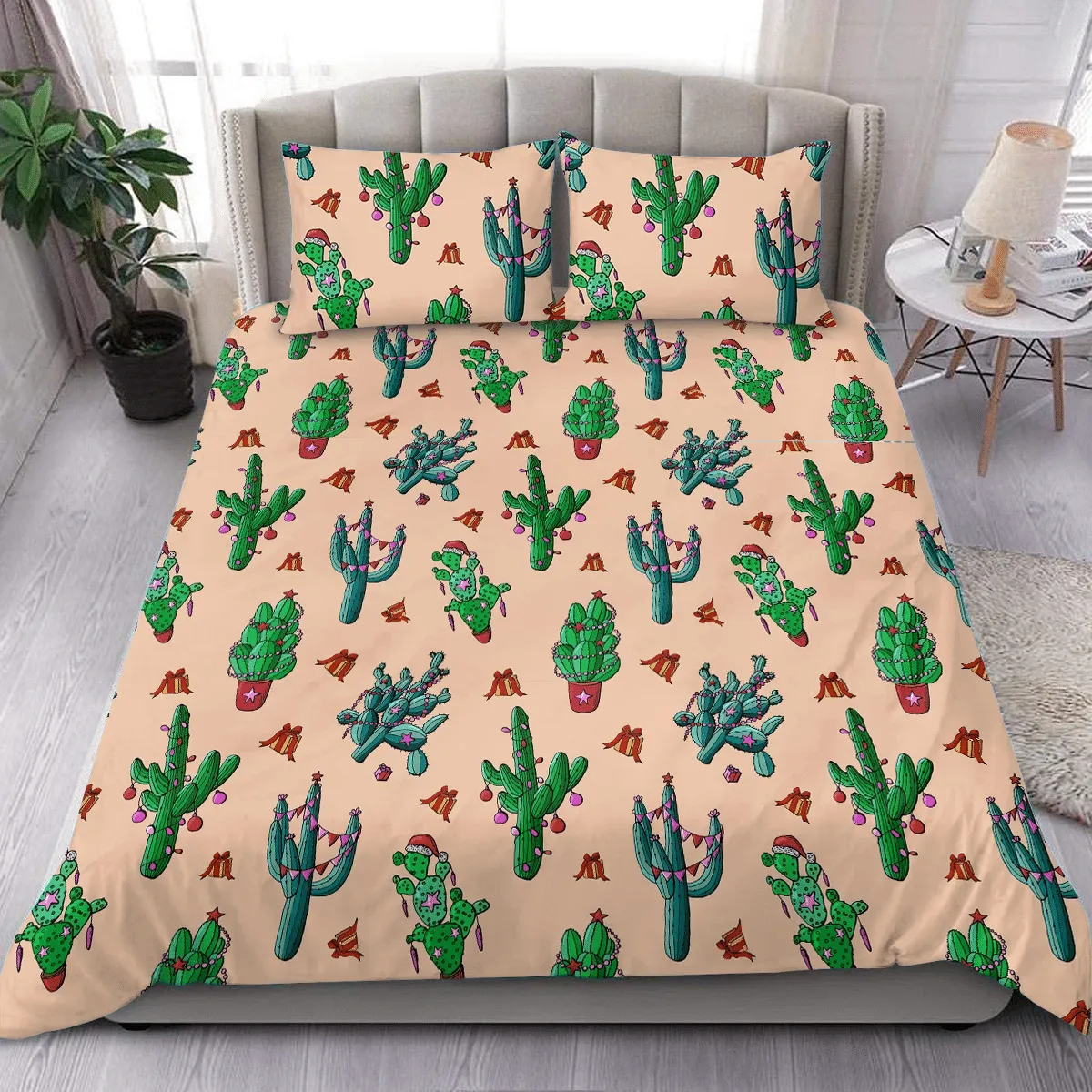 Christmas Decorated Cactus Duvet Cover Bedding Set Bedroom Decor