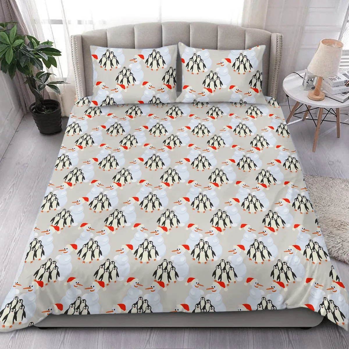 Christmas Festive Background With Penguins And Snowmans Duvet Cover Bedding Set Bedroom Decor