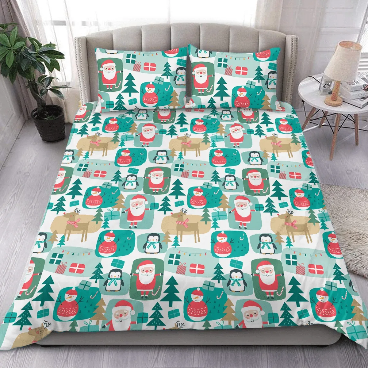 Christmas Festive Background With Santa Gifts And Penguin Duvet Cover Bedding Set Bedroom Decor