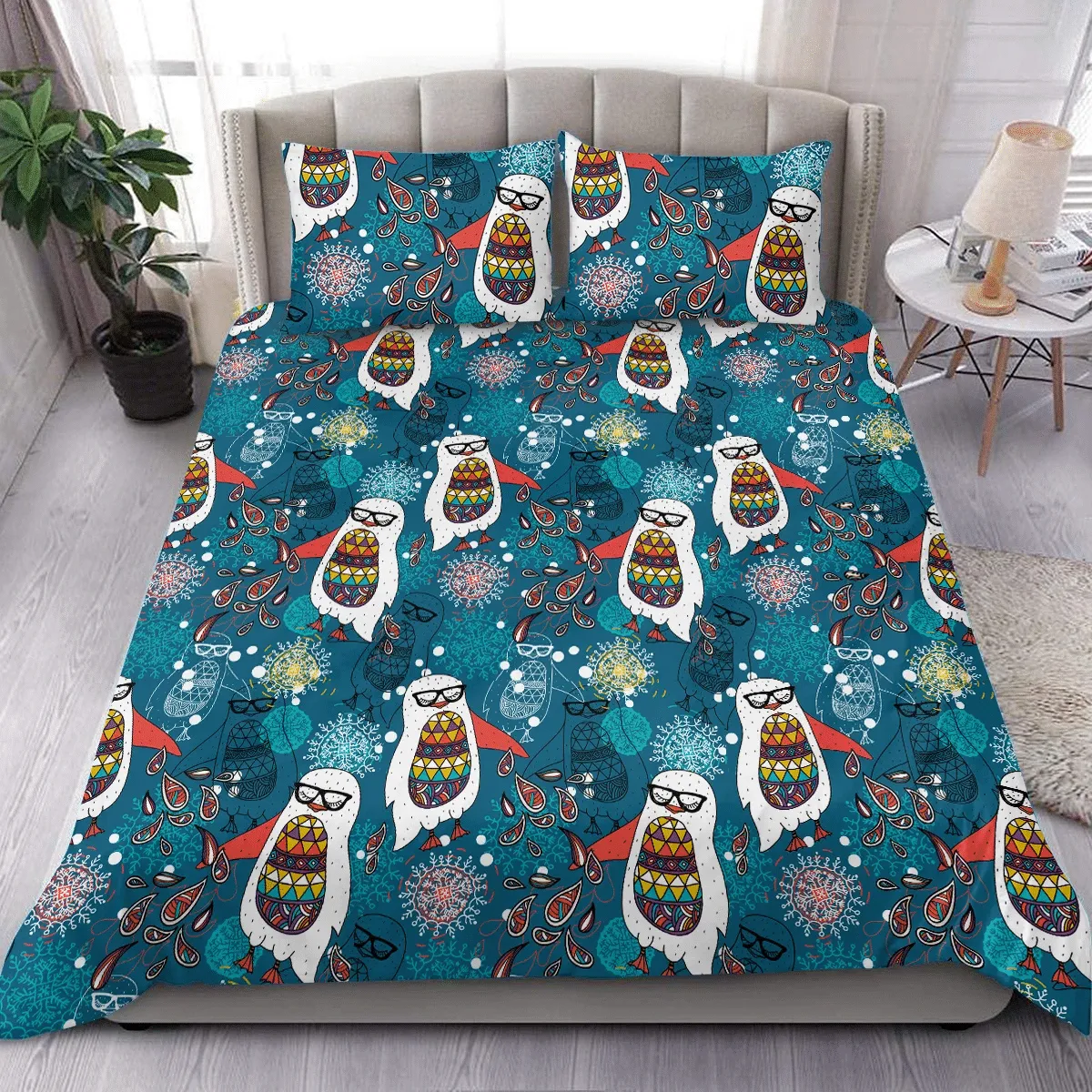 Christmas Festive Bohemian Funny Penguins And Snowflakes Duvet Cover Bedding Set Bedroom Decor
