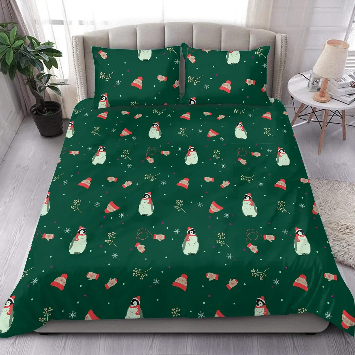 Christmas Festive Cute Penguin On A Green Background Duvet Cover Bedding Set Bedroom Decor